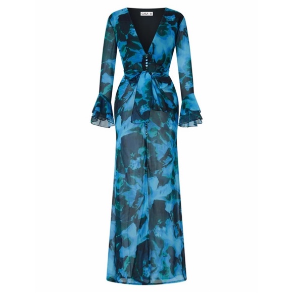 NEW to CASA B!💫| The Lumina Floral Deep V Frill Sleeve Maxi Dress in Azure - Picture 4 of 9